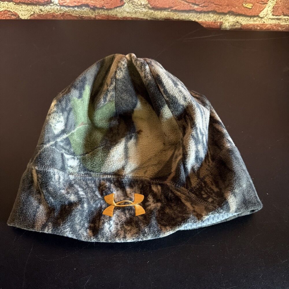 Under Armour Camo Fleece Beanie Logo Hunting Hat Leaves Fall Hat OSFA